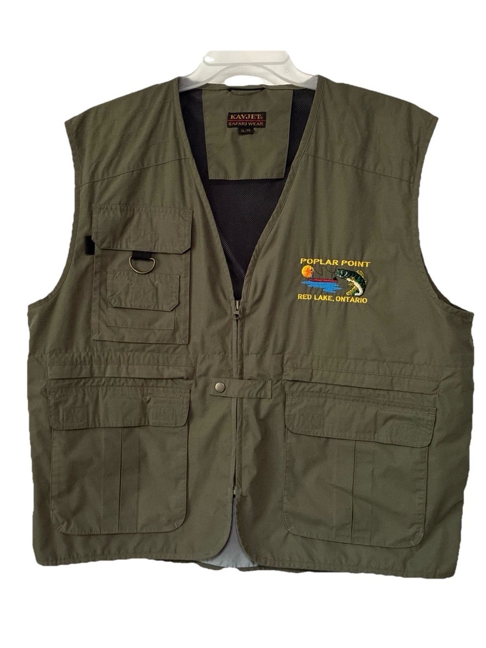 VTG Kayjet Vest Outdoor Fishing Mens XL Green Mesh Multi Pocket Zip Embroidered